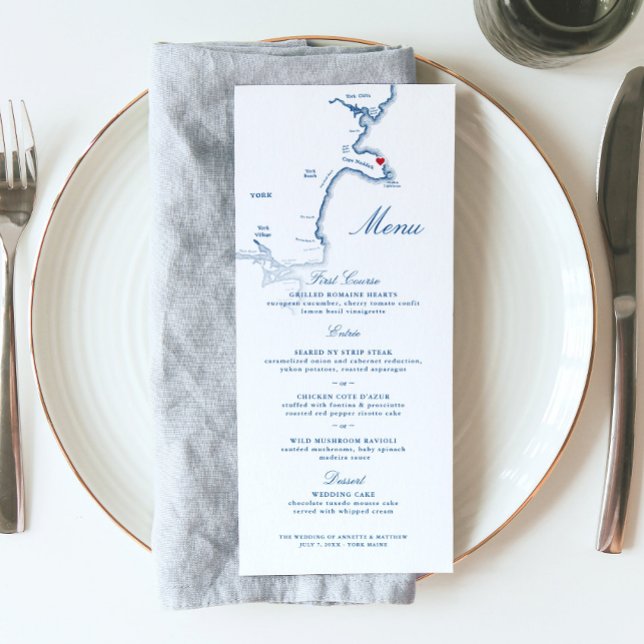 York Maine Map Elegant Navy Script Wedding Menu (These York Beach Maine wedding menus are perfect for your wedding at the view point hotel)