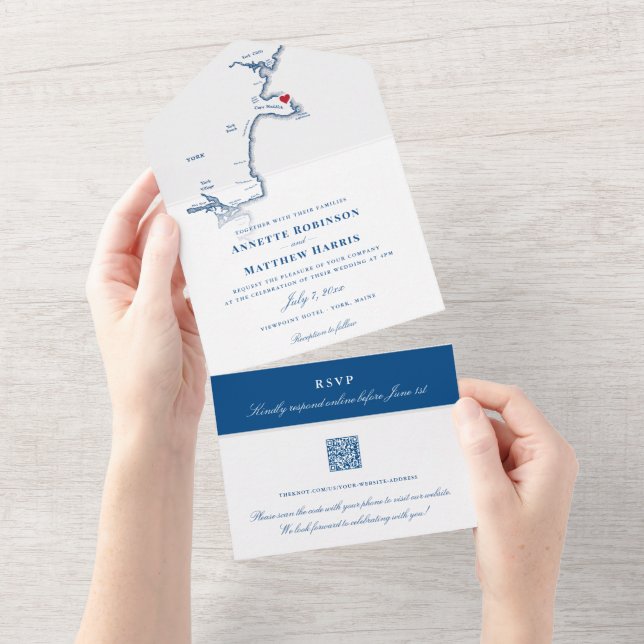 York Maine Map Elegant QR code Navy Wedding All In One Invitation (Tearaway)