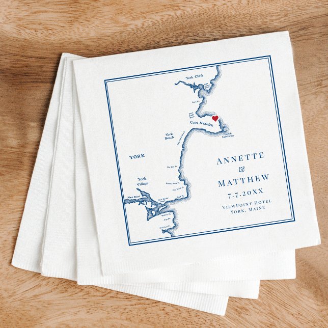 York Maine Map Elegant Wedding Napkin (These York Maine Wedding napkins are perfect for your coastal Maine destination wedding)
