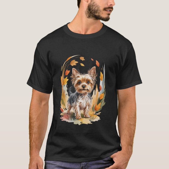 Yorkie Autumn Leaves Cute Pet Dog Lover Men Women T-Shirt (Front)