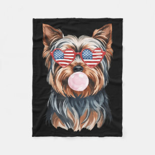 Yorkie Blowing Bubble Gum Patriotic Dog Heart Flag Fleece Blanket