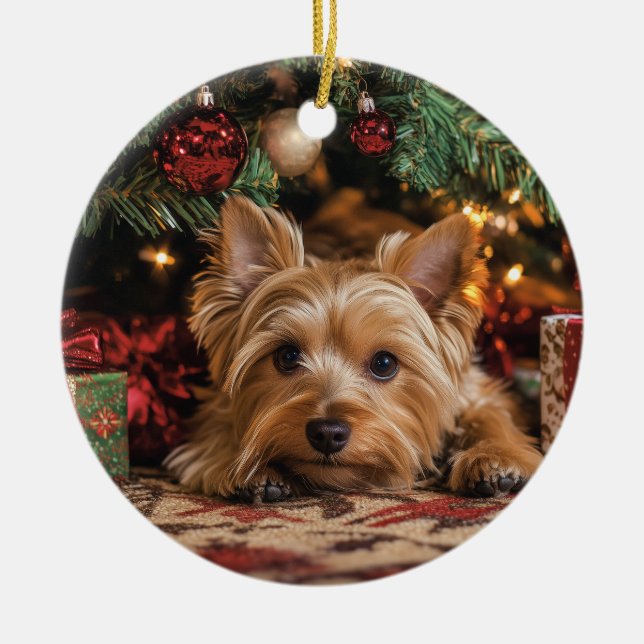 Yorkie Christmas Ceramic Ornament (Front)