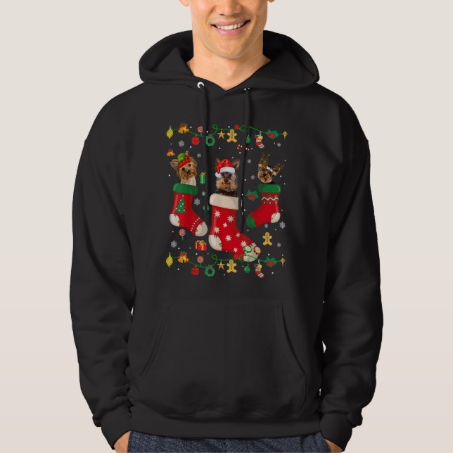 Yorkie Christmas Socks Tree Light Xmas Santa Hat D Hoodie (Front)