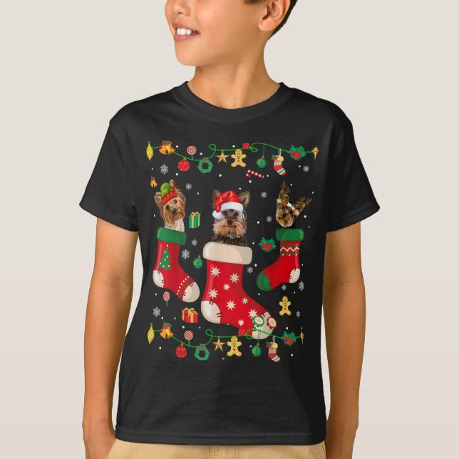 Yorkie Christmas Socks Tree Light Xmas Santa Hat D T-Shirt (Front)