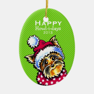 Yorkie Cute Dog Christmas Mod Stripe Custom Ceramic Ornament