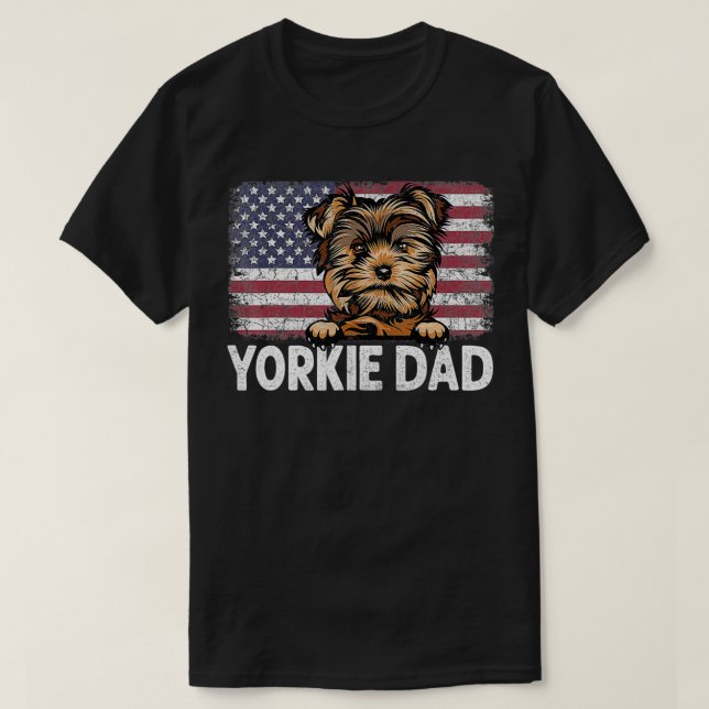 Yorkie Dad With Proud American Flag Dog Lover Gift T-Shirt (Design Front)