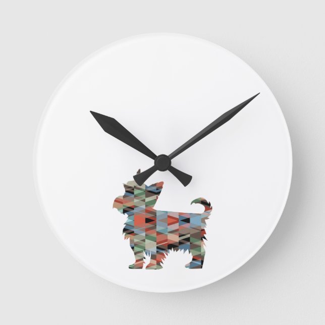 Yorkie Dog Breed Geo Silhouette Plaid Round Clock (Front)