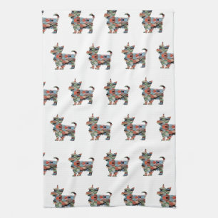 Yorkie Dog Breed Geo Silhouette Plaid Tea Towel