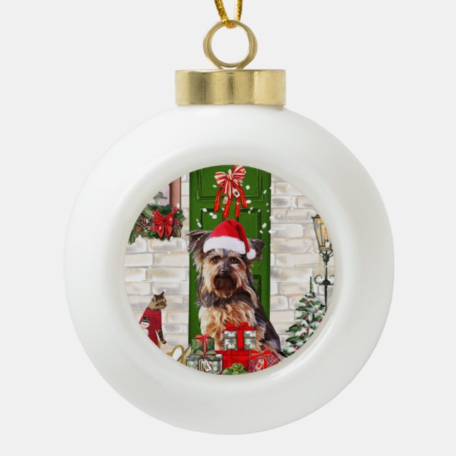 Yorkie Dog Christmas  Ceramic Ball Christmas Ornament (Front)