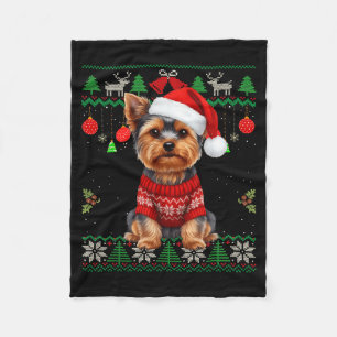 Yorkie Dog Christmas Wearing Ugly Christmas Sweate Fleece Blanket