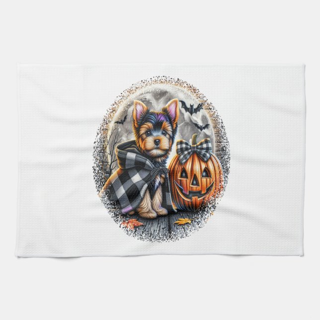 Yorkie Dog Halloween Tea Towel (Horizontal)