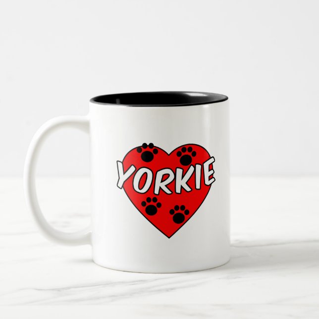 Yorkie Dog Paw Prints And Red Heart Two-Tone Coffee Mug (Left)