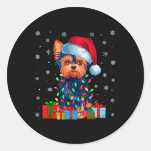 Yorkie Dog Ugly Xmas Lights Santa Hat Yorkie Dog C Classic Round Sticker