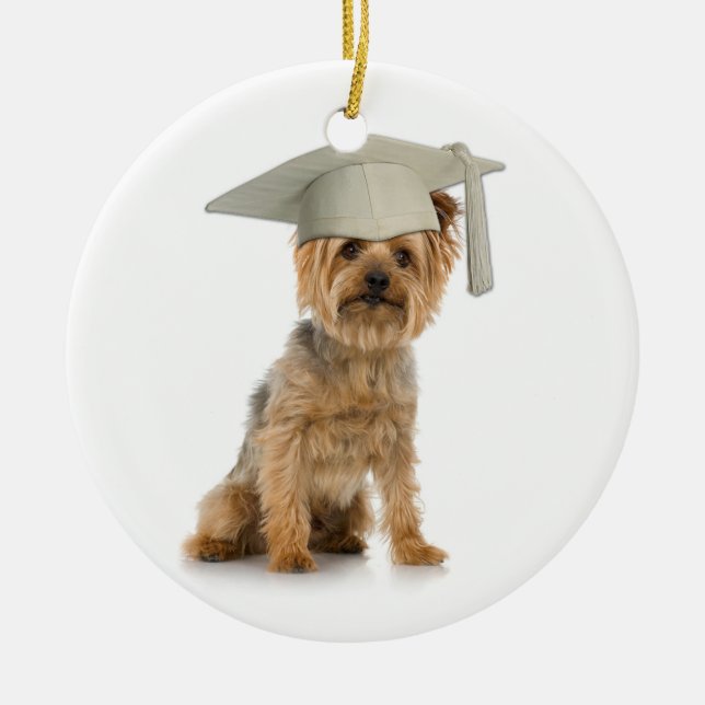 Yorkie Dog with Graduation Hat Ceramic Ornament (Front)