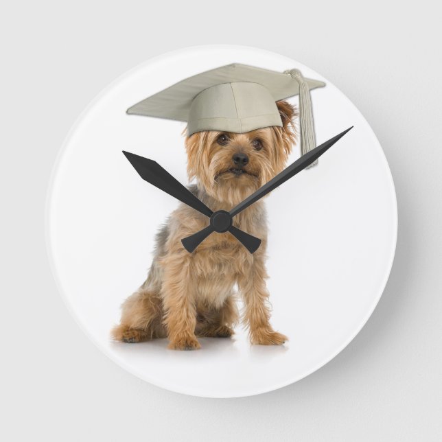 Yorkie Dog with Graduation Hat Round Clock (Front)