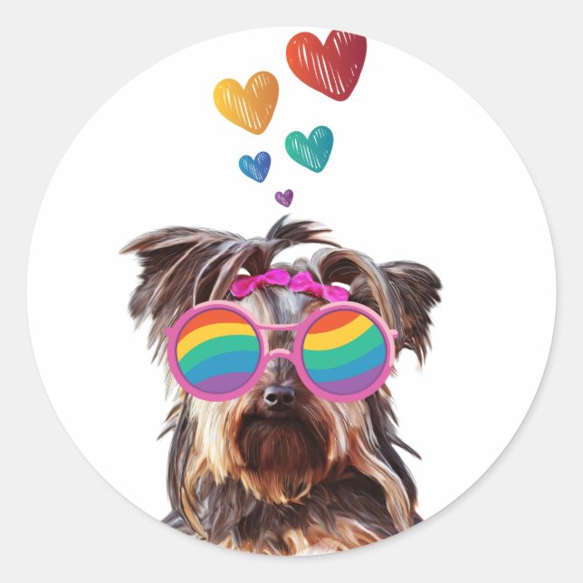 Yorkie Dog with Hearts Valentine's Day Classic Round Sticker (Front)