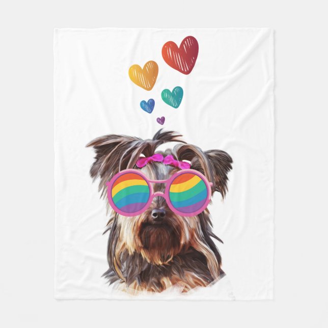 Yorkie Dog with Hearts Valentine's Day Fleece Blanket (Front)
