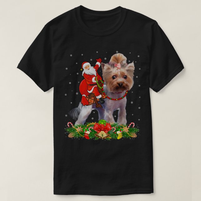 Yorkie Dog Xmas Funny Santa Riding Yorkie Christma T-Shirt (Design Front)