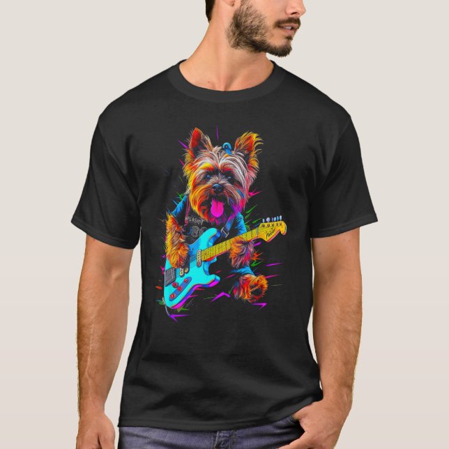 Yorkie Dog Yorkshire Terrier Guitarist T-Shirt (Front)