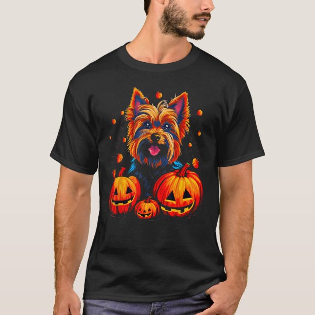 Yorkie Dog Yorkshire Terrier Halloween Pumpkin T-Shirt (Front)