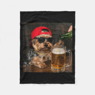 Yorkie Drinking Beer Funny Dog Meme Graphic Fleece Blanket