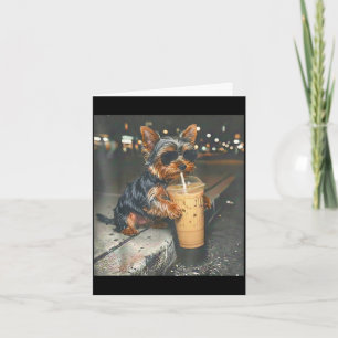 Yorkie drinking iced coffee funny animal meme dog card