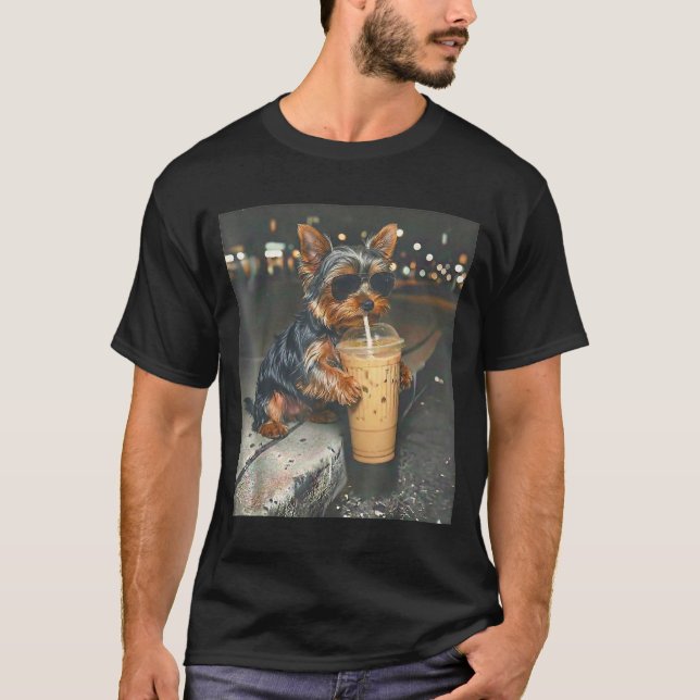Yorkie drinking iced coffee funny animal meme dog T-Shirt (Front)