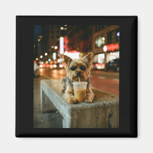 Yorkie drinking iced coffee funny animal meme men magnet