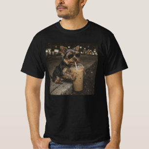 Yorkie Drinking Iced Coffee Funny Dog Animal Meme  T-Shirt