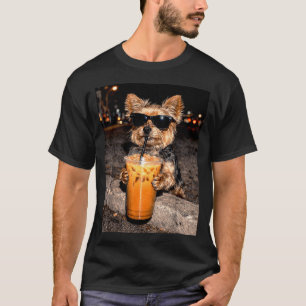 Yorkie Drinking Iced Coffee Funny Yorkie Dog Lover T-Shirt
