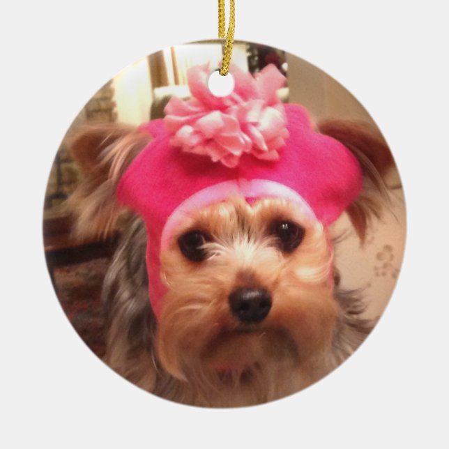 Yorkie in a Hat Ceramic Tree Decoration (Front)