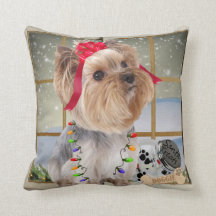 Yorkie In Christmas Light Pillow By PetVenturesUSA