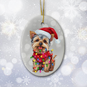Yorkie in Christmas Lights Ceramic Ornament