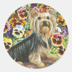 Yorkie in the Pansy Garden Stickers Tags