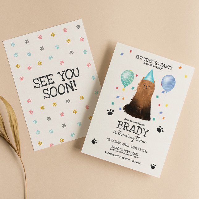Yorkie Lets Pawty Dog Birthday Invitation Blue (Creator Uploaded)