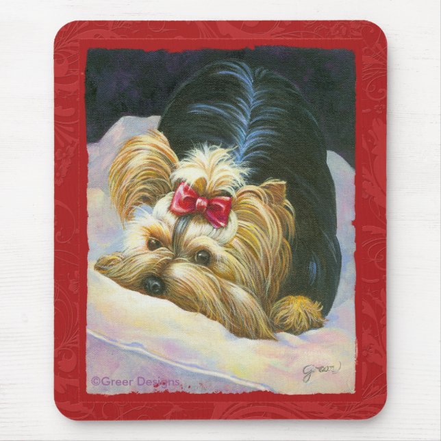 Yorkie Peekaboo Art Red Embossed Mouse Pad (Front)