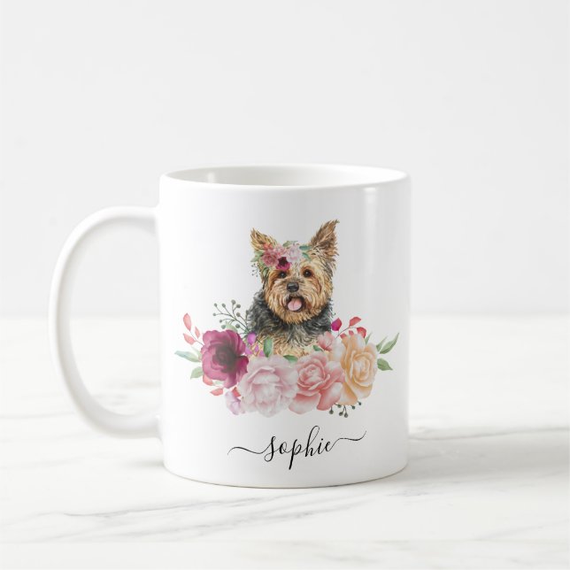 Yorkie Personalised Name  Floral  Coffee Mug (Left)