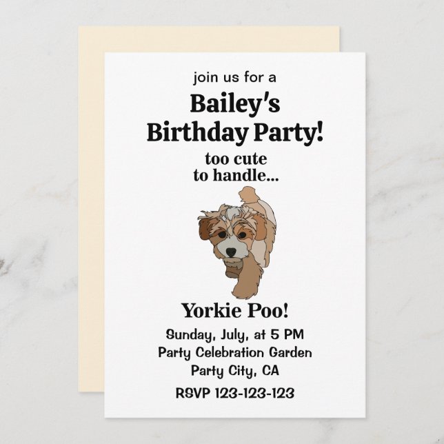 Yorkie Poo Yorkipoo Cute Dog Birthday Party Invitation (Front/Back)
