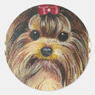 Yorkie Portrait in Plaid Classic Round Sticker