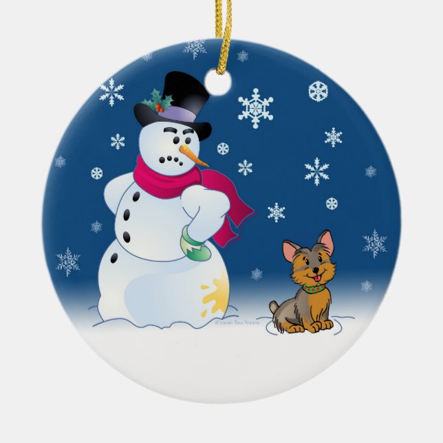 Yorkie puppy and Snowman Ceramic Tree Decoration (Front)