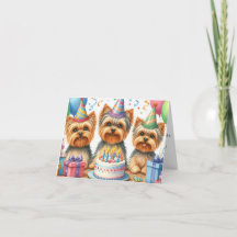 Yorkie Puppy Birthday Card with Party Hats