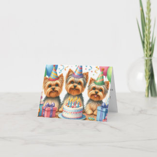 Yorkie Puppy Birthday Card with Party Hats