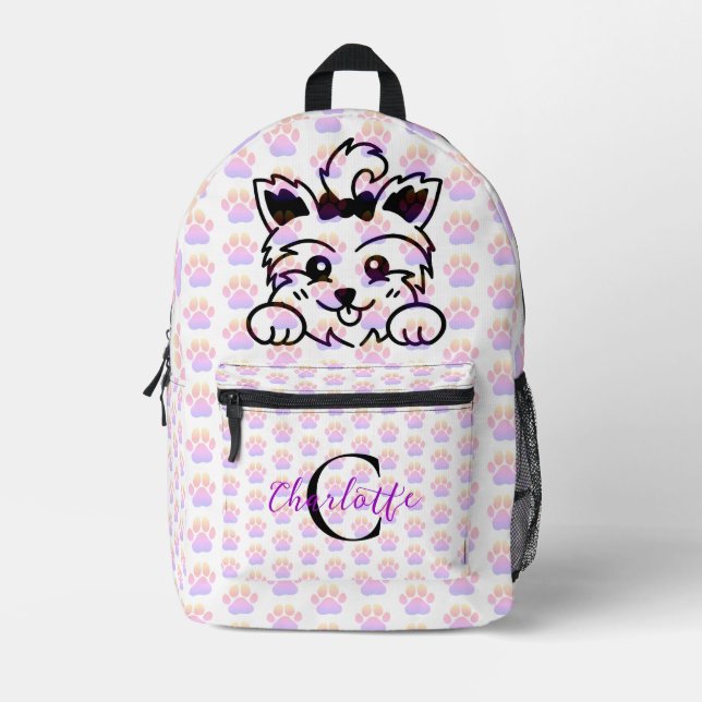 Yorkie Puppy Dog Colourful Paw Prints Monogram Printed Backpack (Front)