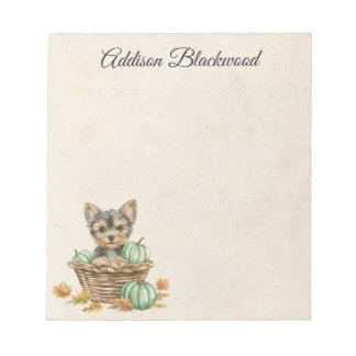 Yorkie Puppy Fall Leaves and Pumpkins Personalised Notepad