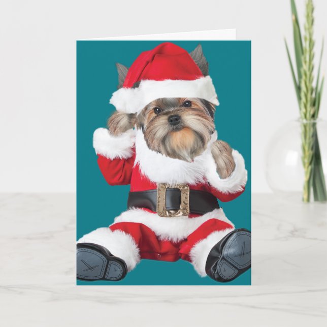 Yorkie Puppy Santa Holiday Card (Front)