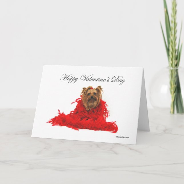 Yorkie Red Boa Valentine Holiday Card (Front)