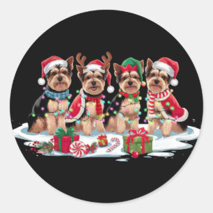 Yorkie Santa hat antlers elf Christmas lights Classic Round Sticker