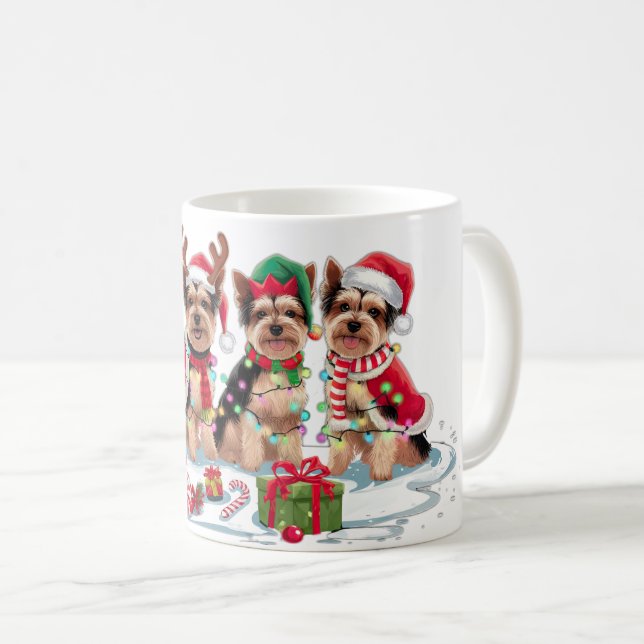 Yorkie Santa hat antlers elf Christmas lights  Coffee Mug (Front Right)