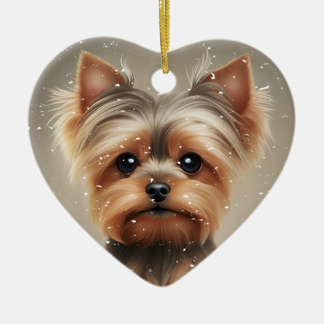 Yorkie Snowy Moment Christmas Cute Ceramic Ornament (Front)