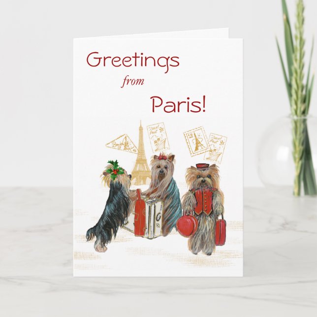 Yorkie Travel Paris Eiffel Tower Christmas Card (Front)